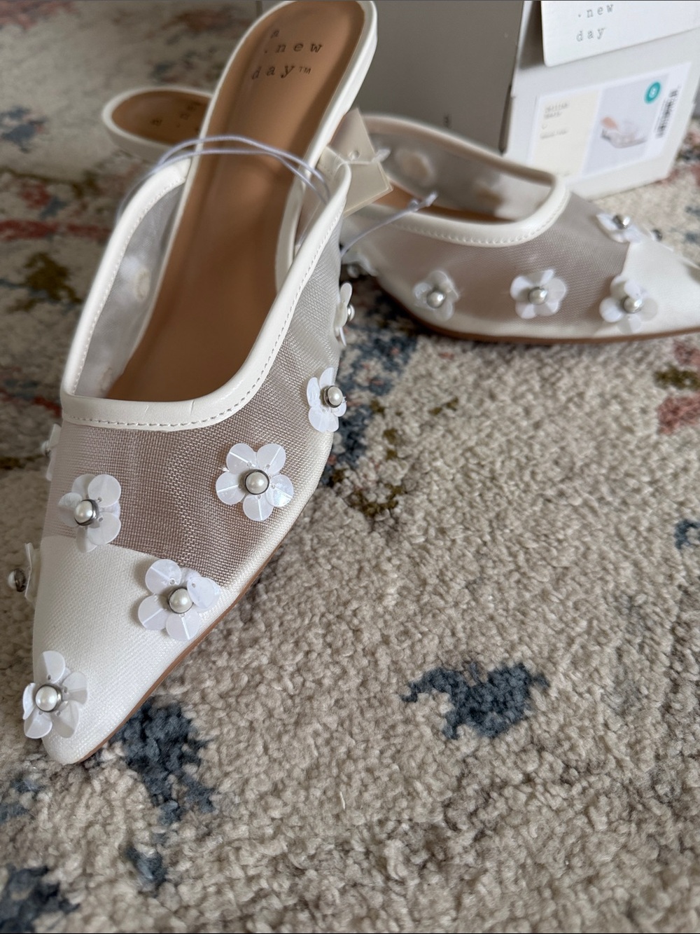 a new day White Floral Mesh Pointed Slip-On Mules